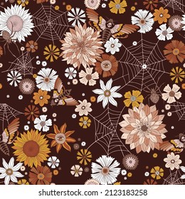 Boho Halloween Floral garden with Spider Cobweb Moon moth vector seamless pattern. Mystical Death head hawkmoth Evil eye flower background. Flower power autumn dark surface design.