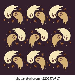 Boho Halloween ghosts and stars, beautiful pattern, postcard decoration
