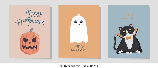 Boho Halloween greeting cards with cute characters. Printable greeting cards illustration. Design for Halloween in pastel colors.