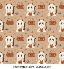 Boho Halloween pattern. Boho Halloween spooky. Ghost with sweets seamless background. Cute spooky cat in pastel background wallpaper. Classic Halloween surface design, vector illustration Trick treat