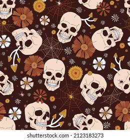 Boho Halloween Scull Mushroom Floral Cobweb vector seamless pattern. Retro skeleton dead head flower background. Boho vintage Halloween dark surface design.