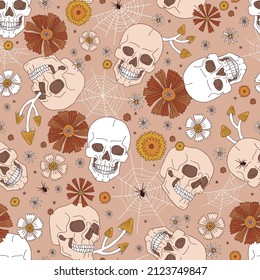 Boho Halloween Scull Mushroom Floral Cobweb vector seamless pattern. Retro skeleton dead head flower background. Boho vintage Halloween light surface design.