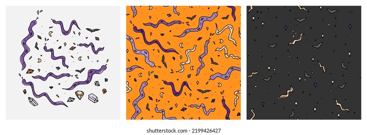 Boho Halloween snake, crystal and bat background and clipart set. Cartoon style seamless pattern in orange, black and purple.