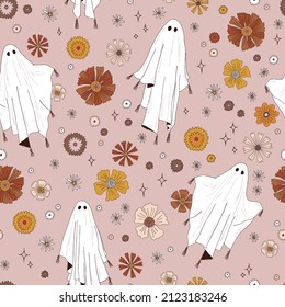 Boho Halloween spooky Ghost with florals vector seamless pattern. Scary spook in white sheet background. Classic Halloween icon light surface design.