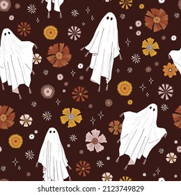 Boho Halloween spooky Ghost with florals vector seamless pattern. Scary spook in white sheet background. Classic Halloween icon dark surface design.