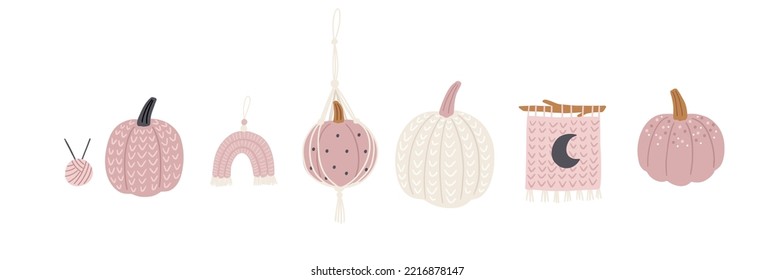 Boho Halloween - vector illustration in flat style. Autumn macrame, pumpkin, cute characters, spooky, decor elements. Cute scandinavian decor for children