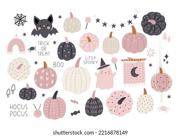 Boho Halloween - ilustración vectorial en estilo plano. Macrame de otoño, calabaza, personajes lindos, elementos decorativos espeluznantes. Escándalo lindo para los niños