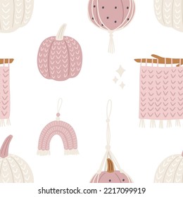 Boho Halloween - vector illustration in flat style. Autumn macrame, pumpkin, cute characters, decor elements. Cute scandinavian decor for children. Seamless pattern