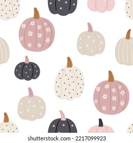 Boho Halloween - vector illustration in flat style. Autumn macrame, pumpkin, cute characters, decor elements. Cute scandinavian decor for children. Seamless pattern