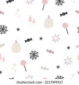 Boho Halloween - vector illustration in flat style. Autumn macrame, pumpkin, cute characters, decor elements. Cute scandinavian decor for children. Seamless pattern
