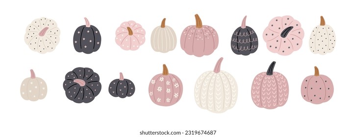 Boho Halloween - vector illustration in flat style. Autumn macrame, pumpkin, cute characters, spooky, decor elements. Cute scandinavian decor for children