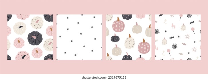 Boho Halloween - vector illustration in flat style. Autumn macrame, pumpkin, cute characters, spooky, decor elements. Cute scandinavian decor for children
