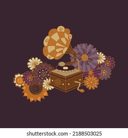 Boho halloween vintage gramophone and autumn flowers. Vector isolated illustration on a dark purple background.