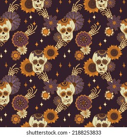 Boho hallowen a mystical seamless pattern with a skull and hand bones. Floral magical background in a retro style. Mystical vector illustration of stars and sunflowers.
