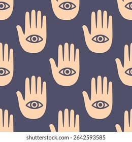 Boho hamsa hand with eye seamless pattern on dark background  