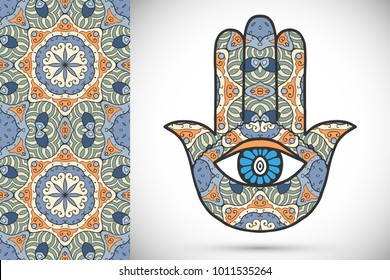 Boho hamsa hand, protection amulet, symbol of strength and happiness with seamless geometric pattern. Abstract graphic background, vertical floral doodle pattern, vector illustration