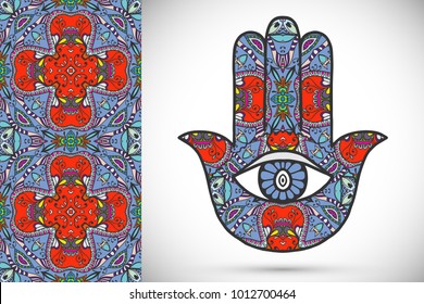 Boho hamsa hand, protection amulet, symbol of strength and happiness with seamless geometric pattern. Abstract graphic background, vertical floral doodle pattern, vector illustration