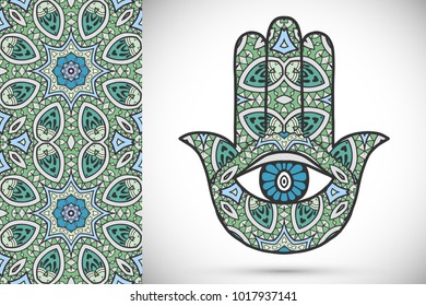 Boho hamsa hand, protection amulet, symbol of strength and happiness with seamless geometric pattern. Abstract graphic background, vertical floral doodle pattern, vector illustration