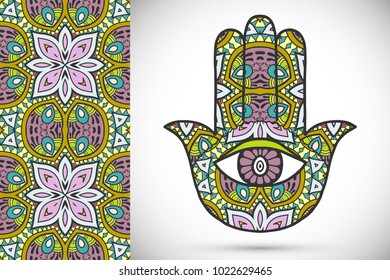 Boho hamsa hand, protection amulet, symbol of strength and happiness with seamless geometric pattern. Abstract graphic background, vertical floral doodle pattern, vector illustration