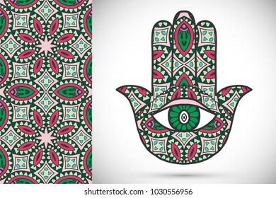 Boho hamsa hand, protection amulet, symbol of strength and happiness with seamless geometric pattern. Abstract graphic background, vertical floral doodle pattern, vector illustration
