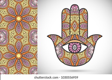 Boho hamsa hand, protection amulet, symbol of strength and happiness with seamless geometric pattern. Abstract graphic background, vertical floral doodle pattern, vector illustration