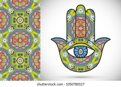 Boho hamsa hand, protection amulet, symbol of strength and happiness with seamless geometric pattern. Abstract graphic background, vertical floral doodle pattern, vector illustration