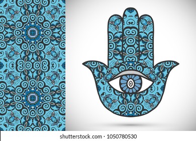 Boho hamsa hand, protection amulet, symbol of strength and happiness with seamless geometric pattern. Abstract graphic background, vertical floral doodle pattern, vector illustration