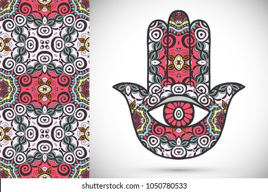 Boho hamsa Hand, Schutzamulet, Symbol für Stärke und Glück mit nahtlosen geometrischen Mustern. Abstrakter grafischer Hintergrund, vertikales blumengeschwungenes Muster, Vektorgrafik