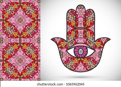 Boho hamsa hand, protection amulet, symbol of strength and happiness with seamless geometric pattern. Abstract graphic background, vertical floral doodle pattern, vector illustration