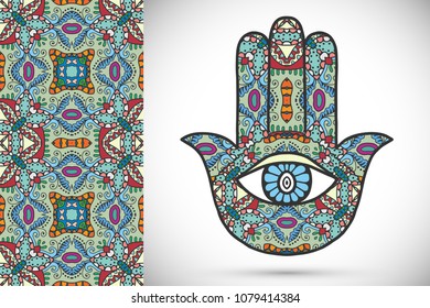 Boho hamsa hand, protection amulet, symbol of strength and happiness with seamless geometric pattern. Abstract graphic background, vertical floral doodle pattern, vector illustration