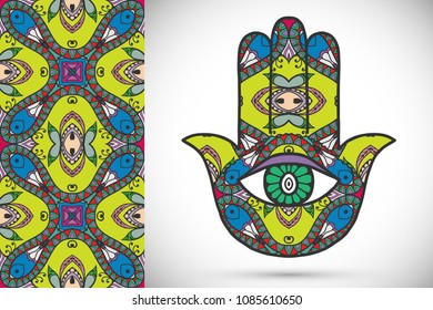 Boho hamsa hand, protection amulet, symbol of strength and happiness with seamless geometric pattern. Abstract graphic background, vertical floral doodle pattern, vector illustration