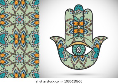 Boho hamsa hand, protection amulet, symbol of strength and happiness with seamless geometric pattern. Abstract graphic background, vertical floral doodle pattern, vector illustration