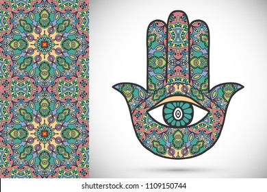 Boho hamsa hand, protection amulet, symbol of strength and happiness with seamless geometric pattern. Abstract graphic background, vertical floral doodle pattern, vector illustration