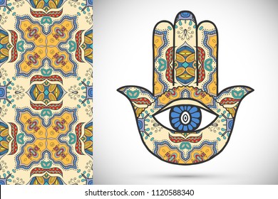 Boho hamsa hand, protection amulet, symbol of strength and happiness with seamless geometric pattern. Abstract graphic background, vertical floral doodle pattern, vector illustration