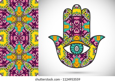 Boho hamsa hand, protection amulet, symbol of strength and happiness with seamless geometric pattern. Abstract graphic background, vertical floral doodle pattern, vector illustration