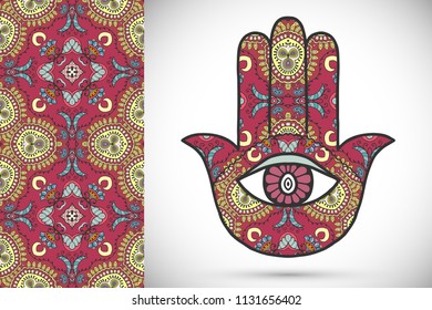 Boho hamsa hand, protection amulet, symbol of strength and happiness with seamless geometric pattern. Abstract graphic background, vertical floral doodle pattern, vector illustration