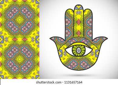 Boho hamsa hand, protection amulet, symbol of strength and happiness with seamless geometric pattern. Abstract graphic background, vertical floral doodle pattern, vector illustration