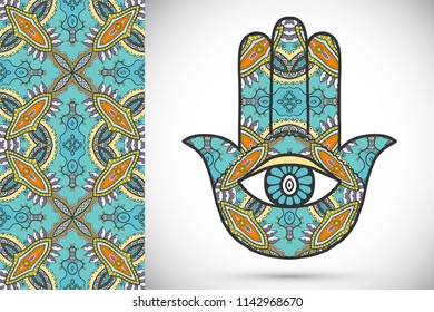 Mano del Boho hamsa, amuleto de protección, símbolo de fuerza y felicidad con un patrón geométrico sin fisuras. Fondo gráfico abstracto, patrón de doodle floral vertical, ilustración vectorial