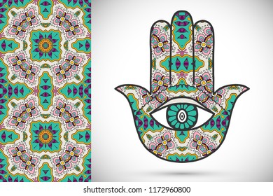 Boho hamsa hand, protection amulet, symbol of strength and happiness with seamless geometric pattern. Abstract graphic background, vertical floral doodle pattern, vector illustration