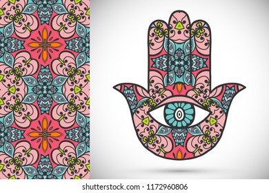 Boho hamsa hand, protection amulet, symbol of strength and happiness with seamless geometric pattern. Abstract graphic background, vertical floral doodle pattern, vector illustration