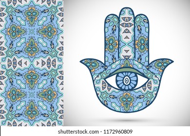 Boho hamsa hand, protection amulet, symbol of strength and happiness with seamless geometric pattern. Abstract graphic background, vertical floral doodle pattern, vector illustration