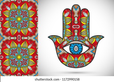 Boho hamsa hand, protection amulet, symbol of strength and happiness with seamless geometric pattern. Abstract graphic background, vertical floral doodle pattern, vector illustration