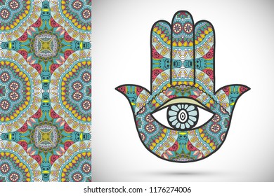 Boho hamsa hand, protection amulet, symbol of strength and happiness with seamless geometric pattern. Abstract graphic background, vertical floral doodle pattern, vector illustration