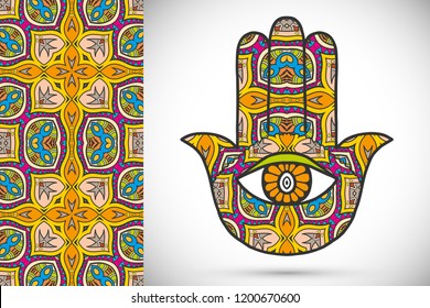 Boho hamsa hand, protection amulet, symbol of strength and happiness with seamless geometric pattern. Abstract graphic background, vertical floral doodle pattern, vector illustration