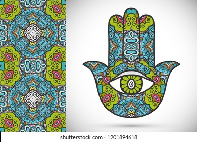Boho hamsa hand, protection amulet, symbol of strength and happiness with seamless geometric pattern. Abstract graphic background, vertical floral doodle pattern, vector illustration