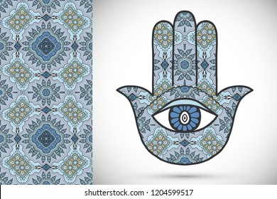 Boho hamsa hand, protection amulet, symbol of strength and happiness with seamless geometric pattern. Abstract graphic background, vertical floral doodle pattern, vector illustration