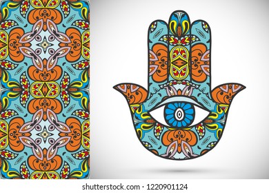 Boho hamsa hand, protection amulet, symbol of strength and happiness with seamless geometric pattern. Abstract graphic background, vertical floral doodle pattern, vector illustration
