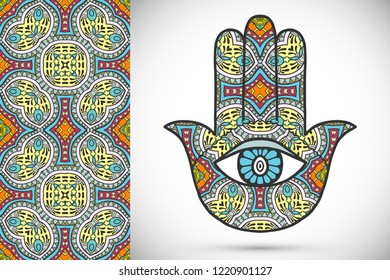 Boho hamsa hand, protection amulet, symbol of strength and happiness with seamless geometric pattern. Abstract graphic background, vertical floral doodle pattern, vector illustration