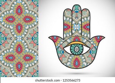 Boho hamsa hand, protection amulet, symbol of strength and happiness with seamless geometric pattern. Abstract graphic background, vertical floral doodle pattern, vector illustration