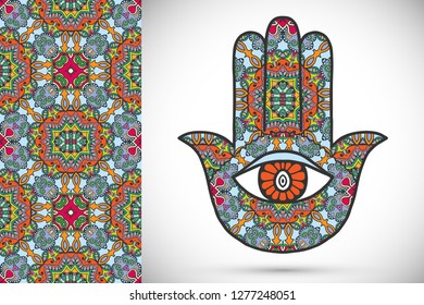 Boho hamsa hand, protection amulet, symbol of strength and happiness with seamless geometric pattern. Abstract graphic background, vertical floral doodle pattern, vector illustration